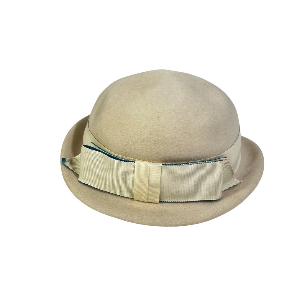 VTG‎ 40s 50's Peachfelt Hat Cream Ribbon Green Accent Henry Pollak New York